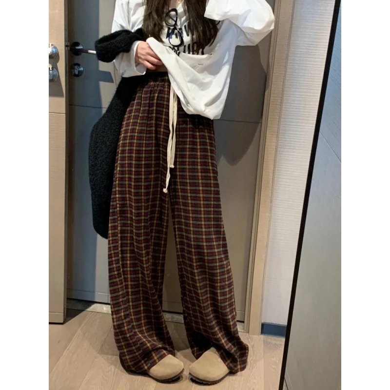 

Large Size 300 Pou Retro Plaid Straight Leg Wide Leg Pants Men's Casual Long Pants Autumn Winter Dstring Elastic Waist
