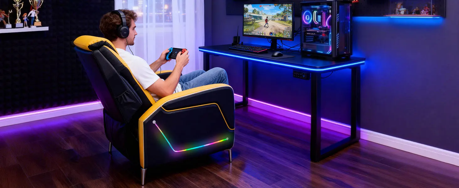 TCGBKAF LED Gaming Recliner Chair Ergonomic Video Game Reclining Chair with Footrest Lumbar Pillow & Side Pocket Home Theater Recliner Sofa Chair for Gaming Room Living Room Bed… image 15