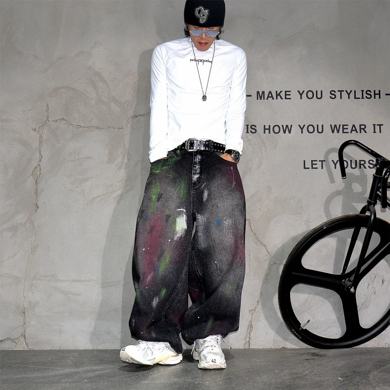 Vibe Streetwear Graffiti Painted Curved Wide Leg Jeans Men, Trendy Baggy Stacked Denim Pants