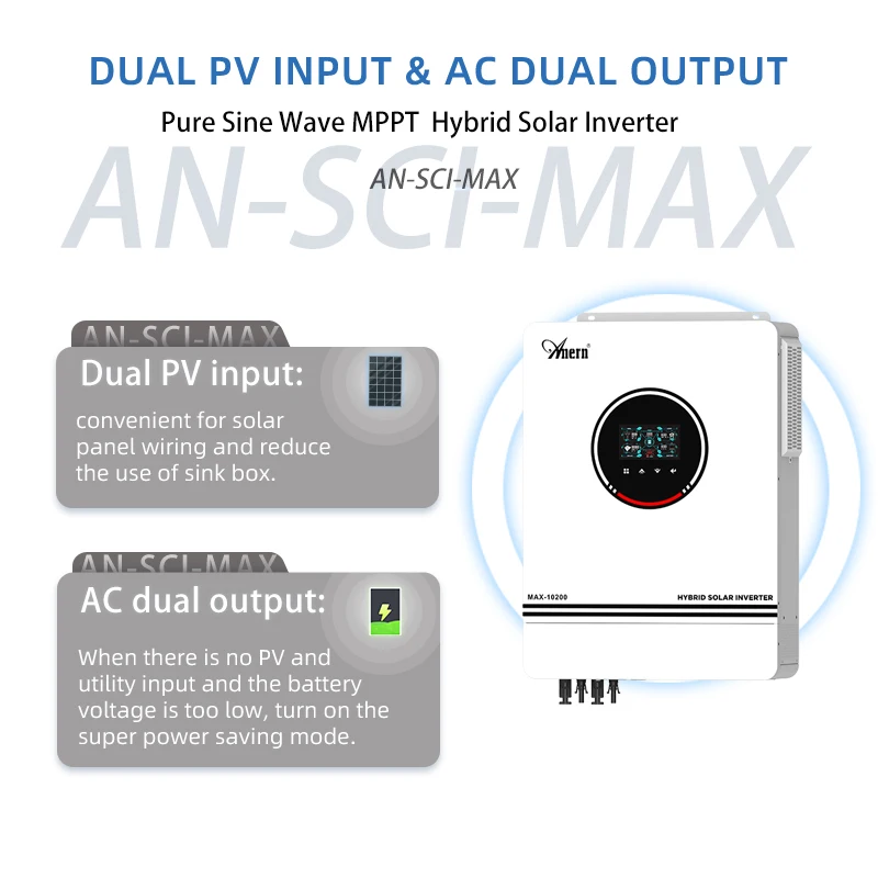 ANERN Hybrid Solar Inverter 10.2KW 8.2KW 48V Off-grid Grid-Connected inverter Dual MPPT Dual Input Output Charger 240V