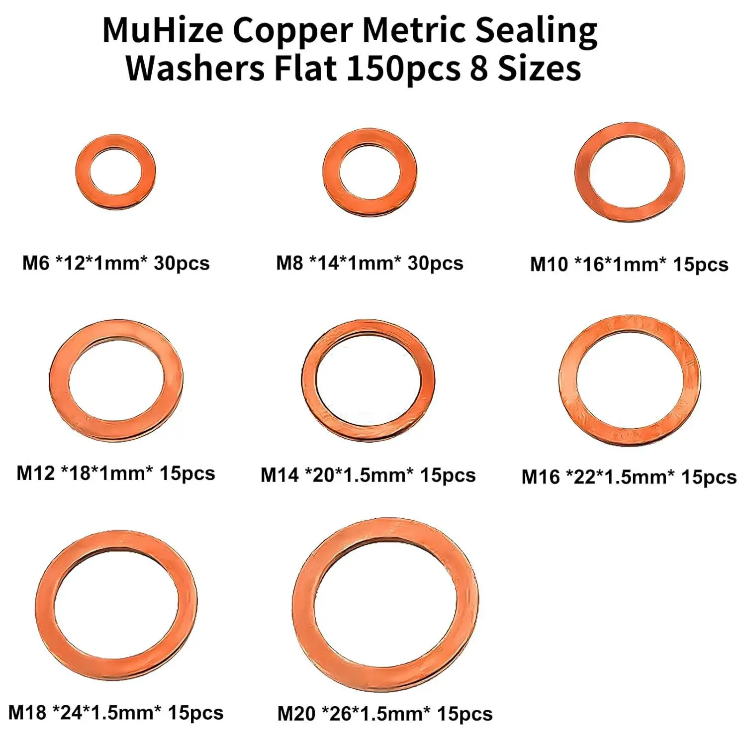 

150pcs Flat Copper Washers Set,Copper Crush Washers Gasket Sealing ring Assortment Kit for drain oil plug,M6/M8/M10/M12/M14-M20