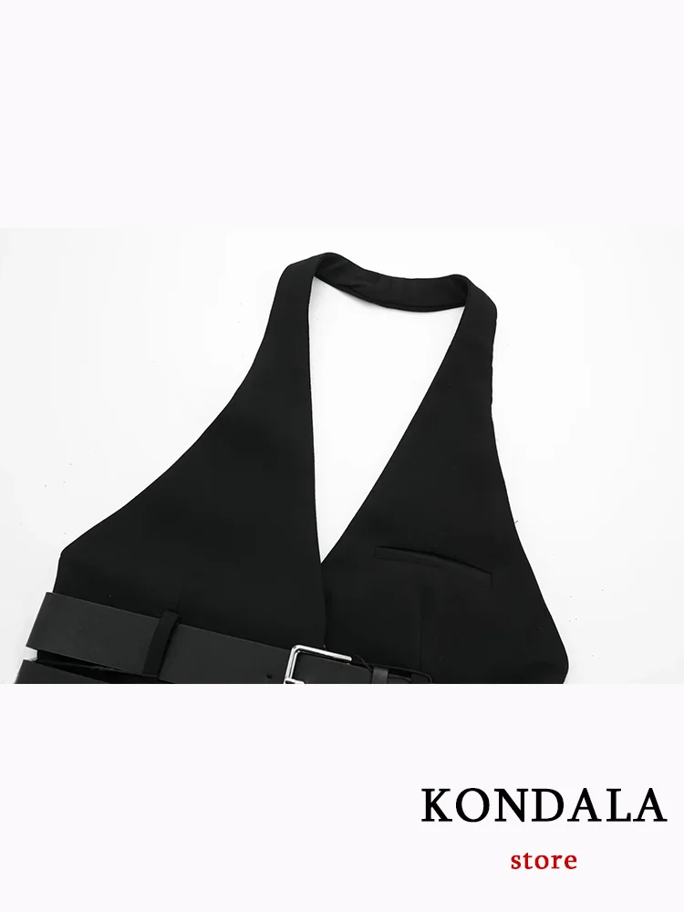 TRAFZA Sexy Chic Black Women Halter Tops Solid Belt V Neck Sleeveless Backless Vest Fashion 2024 Autumn Turtleneck Tops