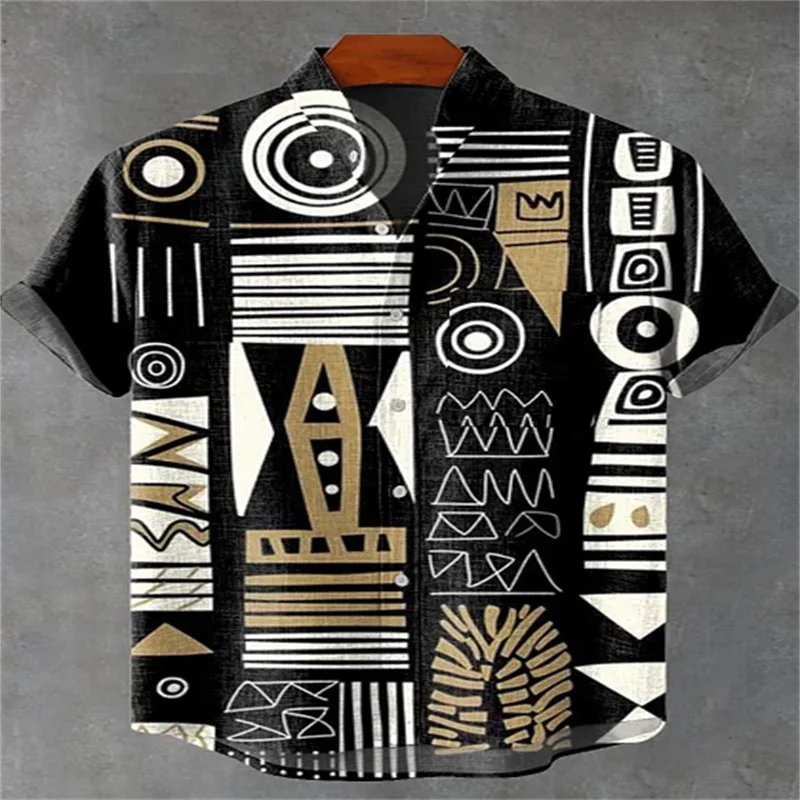 Men's Retro Ethnic Tribal Short Sleeve Shirt Vintage African Style Tops Casual Fashion Holiday Trend Street Men's Shirt