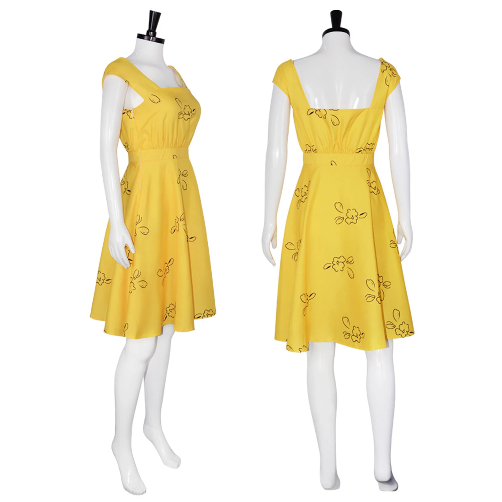 La La Land Lady Mia Cosplay Costume pour filles, robe imprimée jaune fibre, longueur genou, sexy, fête d'Halloween, été, film, 03/Costume