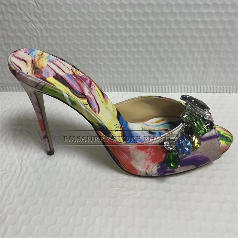 Colorful Satin 10cm Stiletto Heel Sandals Women Rhinestone Jeweled Diamond Decor Slingbacks Summer Mules