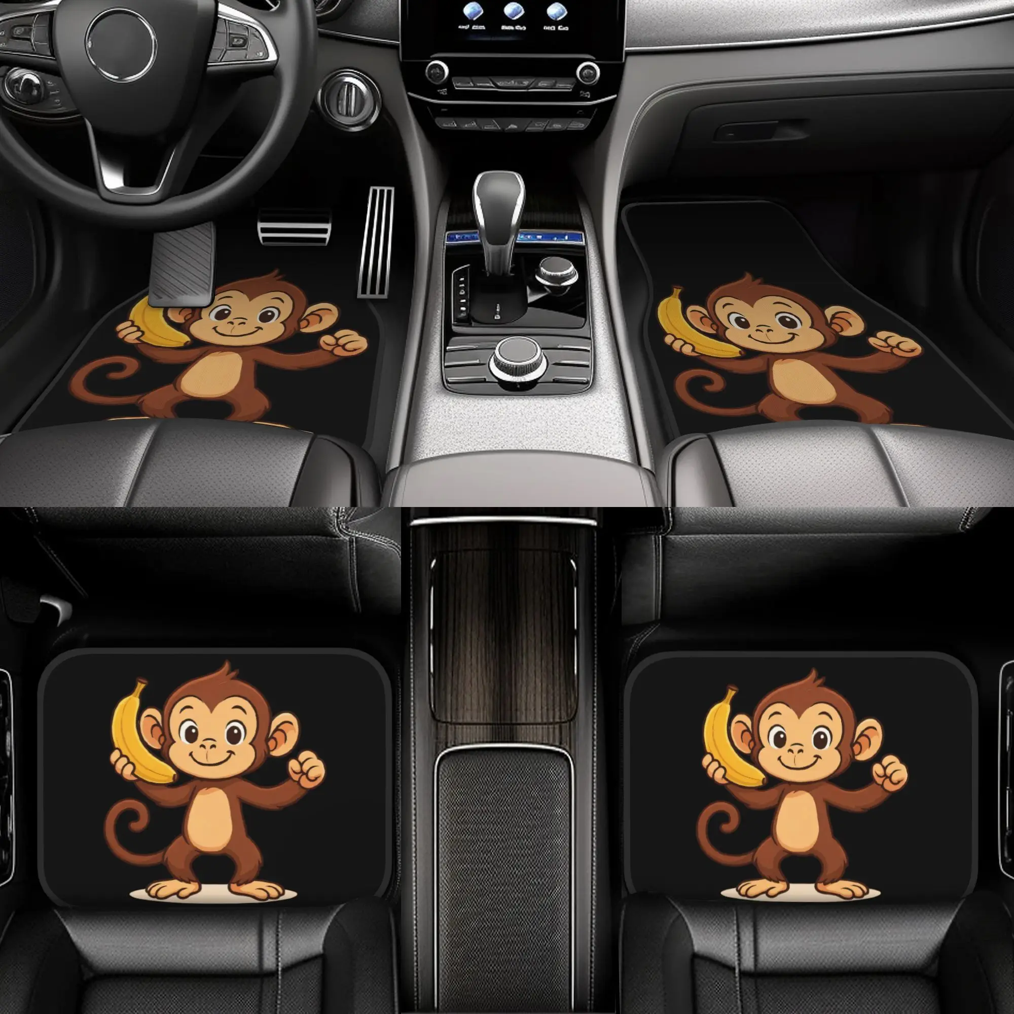 4pcs Cartoon Monkey Car Floor Mats, Easy-To-Clean Complete Set Of Car Interior Additions, Universal Style Suitable For All Seaso
