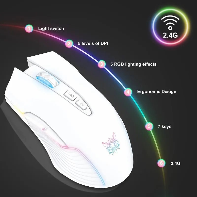 ONIKUMA CW905 Wireless Gaming Mouse 2.4G Wired 3600 DPI RGB Rechargeable 700mAh 7 Button Optical Ergonomic PC Gamer Computer view 2
