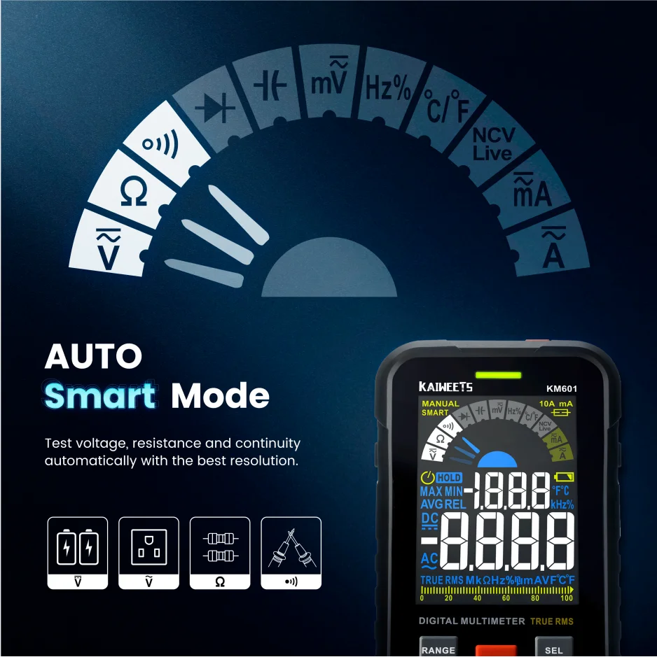 KAIWEETS KM601 Precision Digital Smart Multimeter 9999 Counts True-RMS  Multimetro with Color Screen LCD