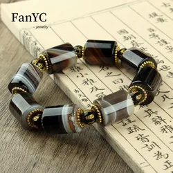 Natural Black and White Silk Agate Bracelet Coffee Silk Pointed Agate Bead String High-end Luxury Fashion Men's Jewelry Gift
