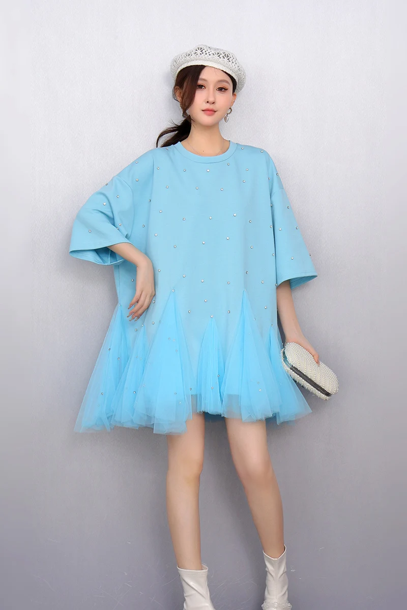 

2025 Spring Summer Fashion Elegant Loose Long Dresses Women Nail Diamond Mesh Dress Ladies Wholesale J1126