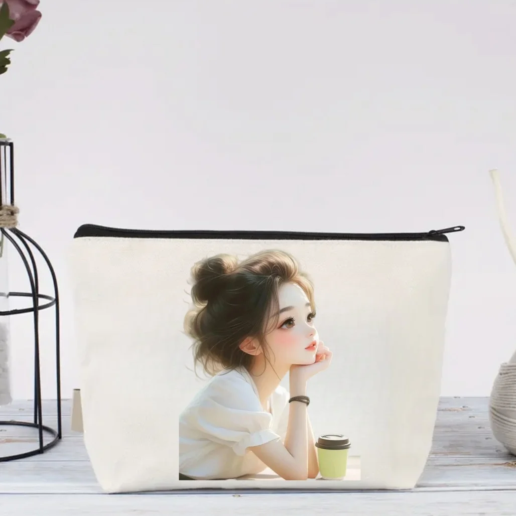

Двусторонняя эстетичная косметичка из холщовой ткани, милая косметичка с изображением девушки, элегантный дорожный органайзер для туалетных принадлежностей