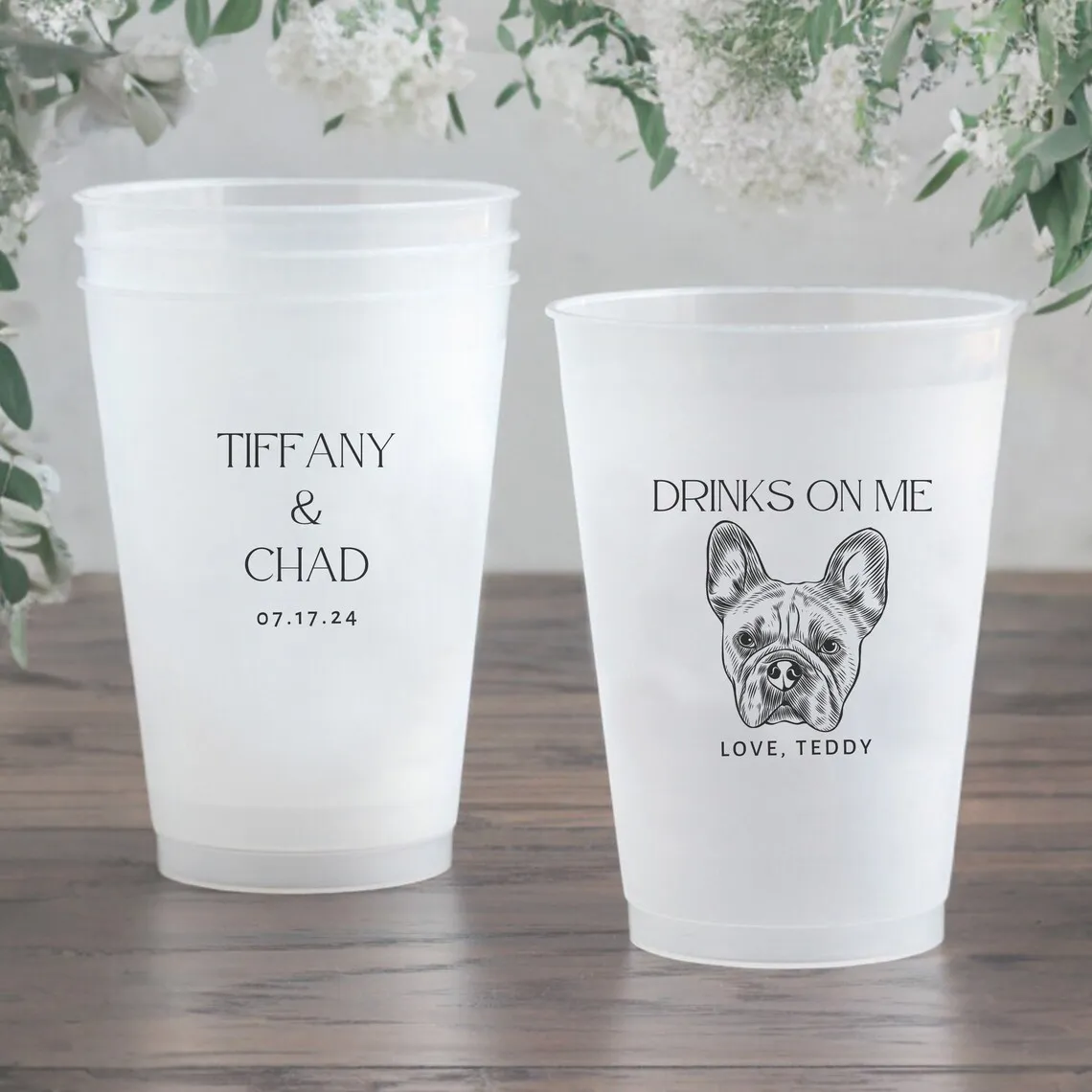 Custom Pet Portrait Wedding Frosted Cups, Custom Pet Illustration, Personalized Modern Wedding Favors, Beverage Holder, Custom C