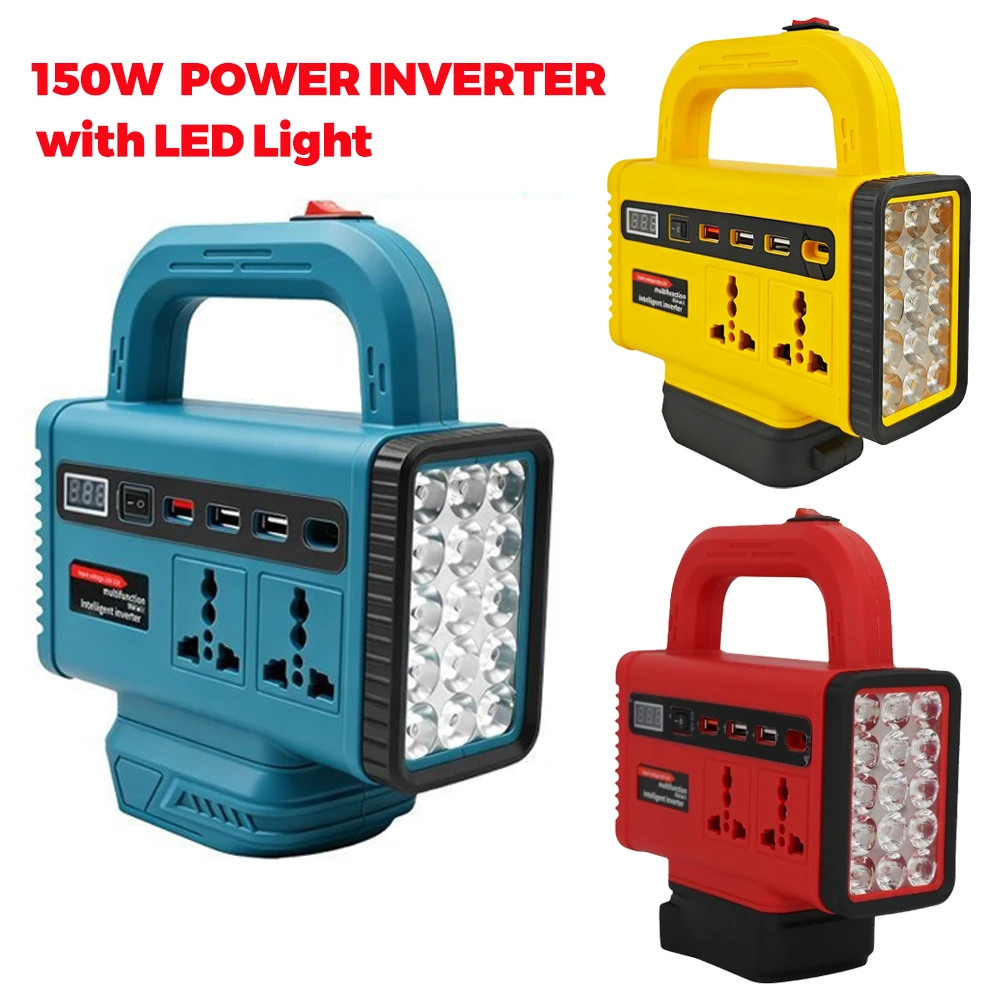 150W Tragbarer Stromwechselrichter für Makita/Dewalt/Milwaukee 18V Li-Ionen-Akkus mit USB-Typ-C-Anschluss und LED-Licht, Wandmontage – Detail 1