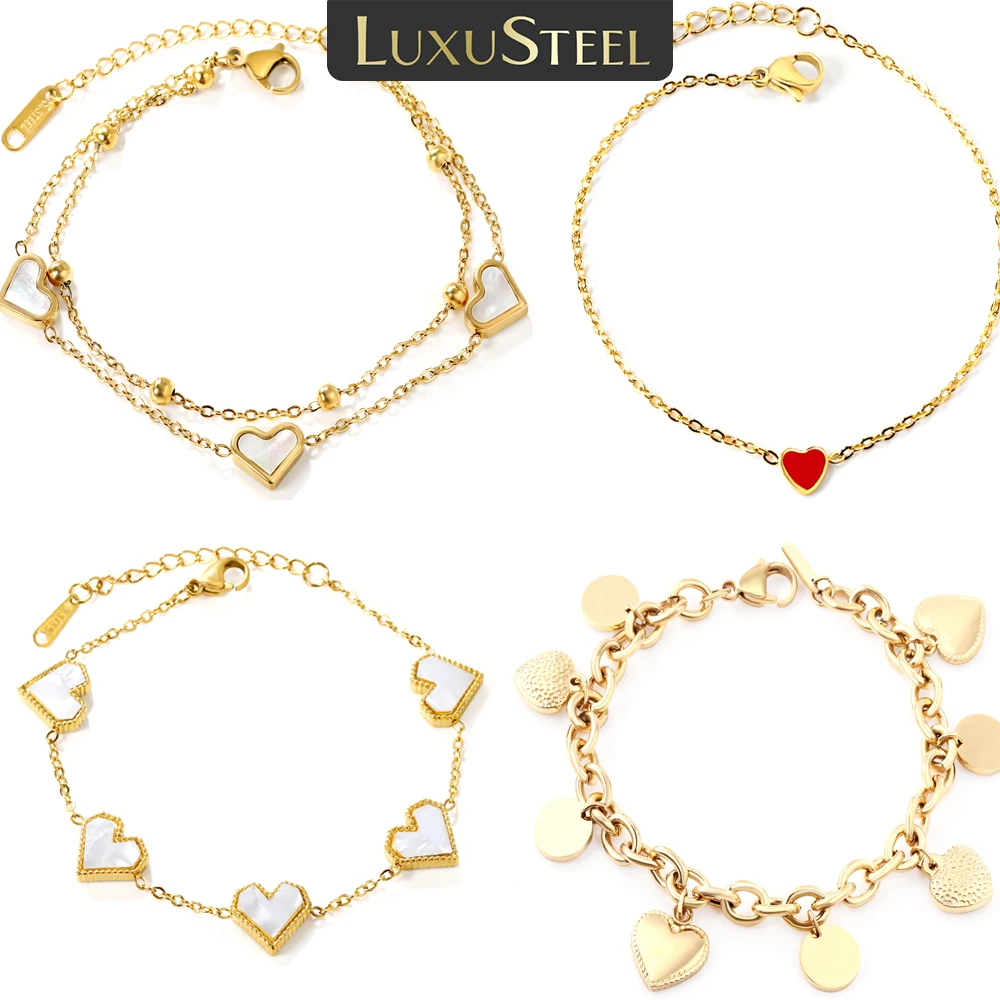 LUXUSTEEL Stainless Steel Heart Charms Bracelets Bangles For Women Golden Color Layers Link Chains Bracelets Wholesale Party