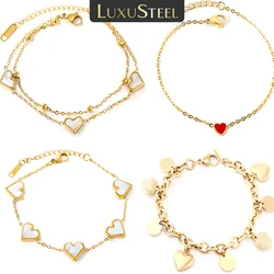 LUXUSTEEL Stainless Steel Heart Charms Bracelets Bangles For Women Golden Color Layers Link Chains Bracelets Wholesale Party