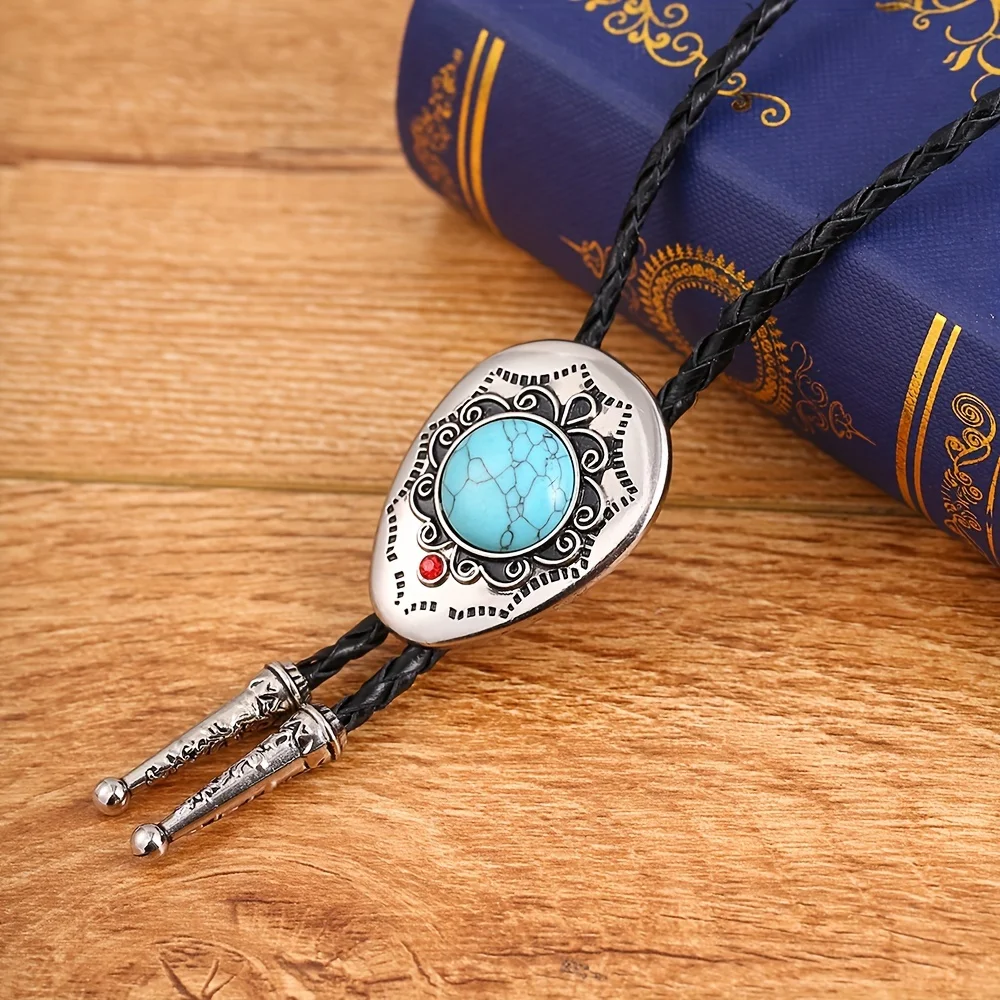 New Fashionable Men's Turquoise Geometric Alloy Carved Leather Rope Pollo Tie Men's Gift Accessory Wholesale