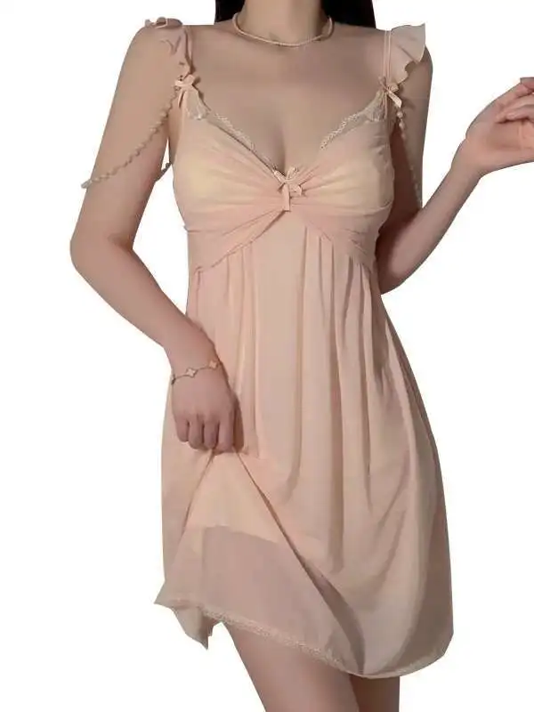 새로운 여성의 로맨틱 얇은 투명 메쉬 달콤한 스타일 가슴 패드 서스펜션 V 넥 폴드 반투명 간단한 드레스 우아한 K30M