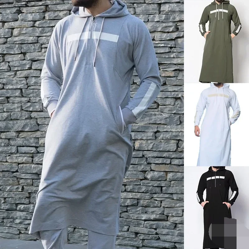 2024 New Men's Casual Long Sleeve Pullover Hooded Drawstring Long Sweater Vintage Fashion Striped Pocket Robe