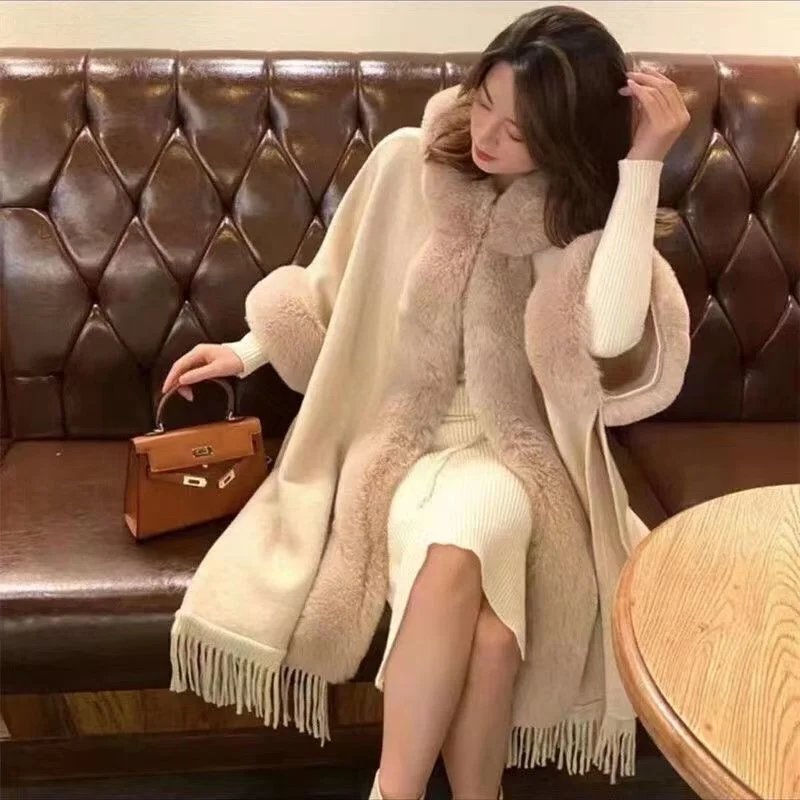 

Cardigan wool collar shawl cloak coat women winter vintage languid poncho fashion western-style loose medium long cardigan coat