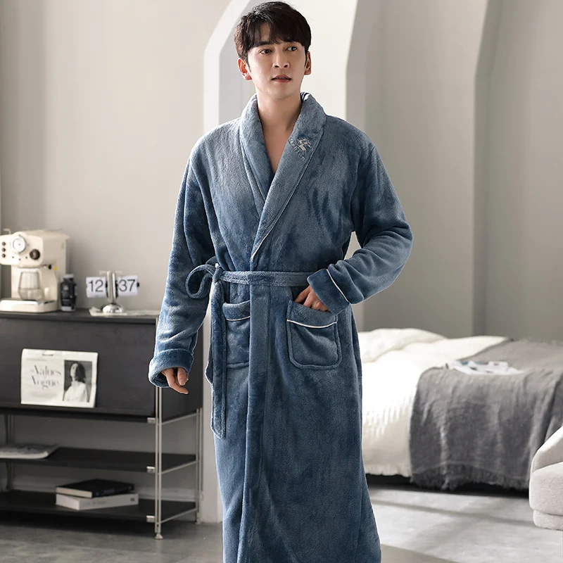 

High Quality Men Long Bath Robe Warm Super Soft Flannel Coral Fleece Bathrobe Male Dressing Gown Pijamas Hombre