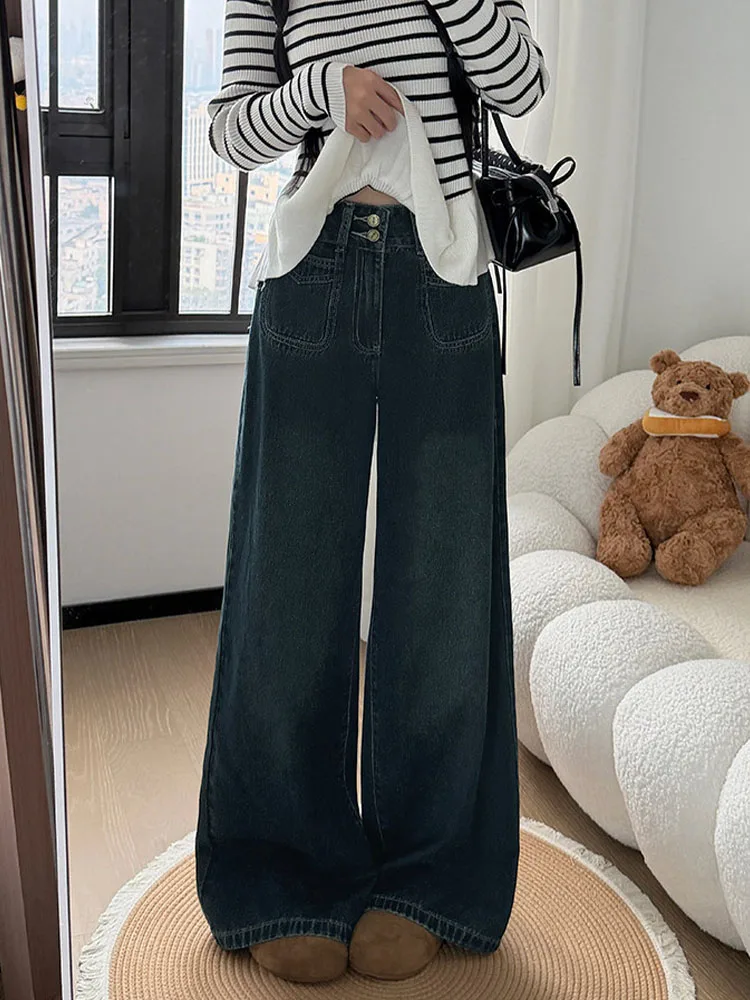 

Retro Blue Fce Lined Wide Leg Jeans Women's Winter Loose plus Size Pear ape Slimming Drapey Denim High Waist Casual Jeans