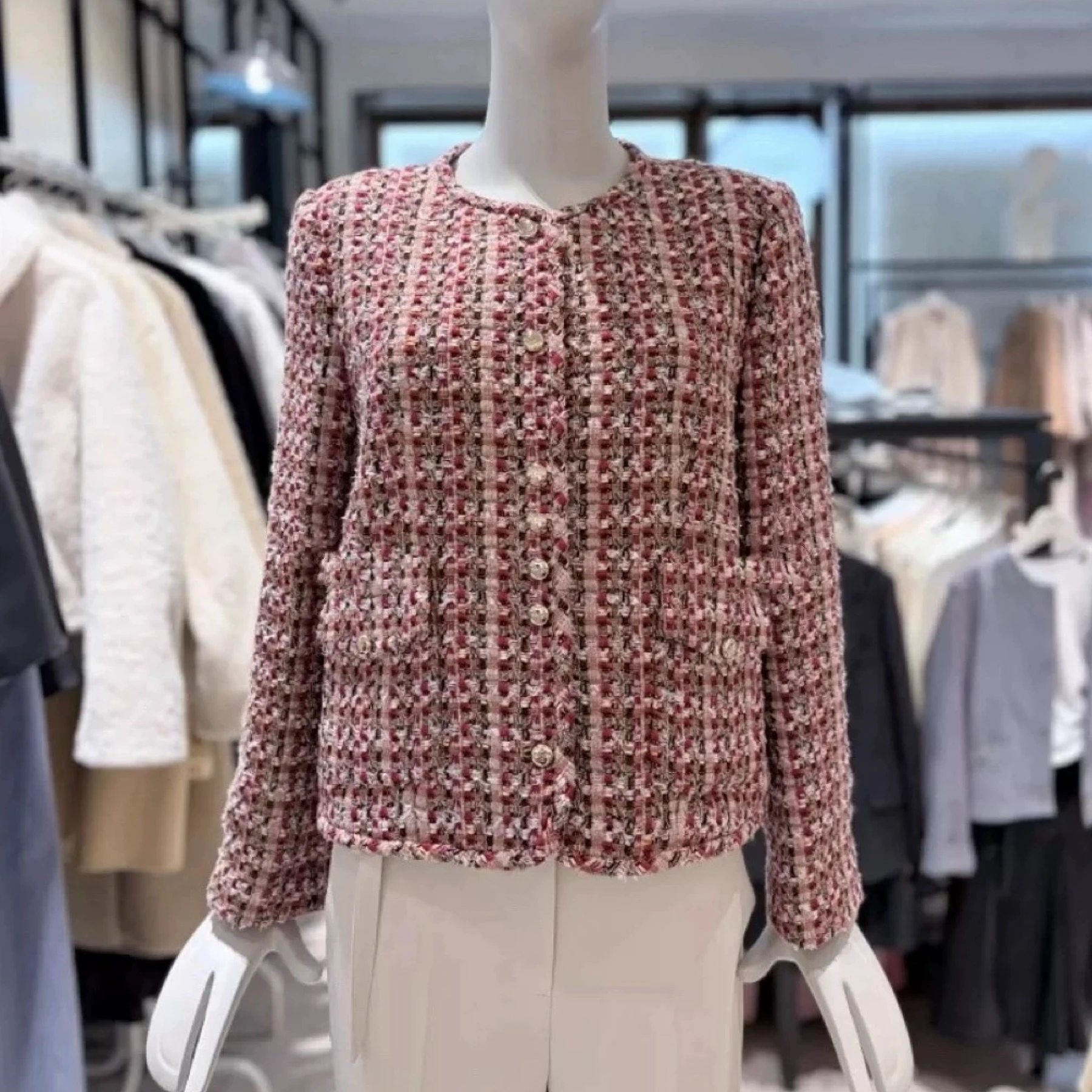 

Lemon Cheese DEW26 Spring Age-Defng round Ne Mixed Color Knit Metal Button Coarse Weave Fraant Sle Outerwear