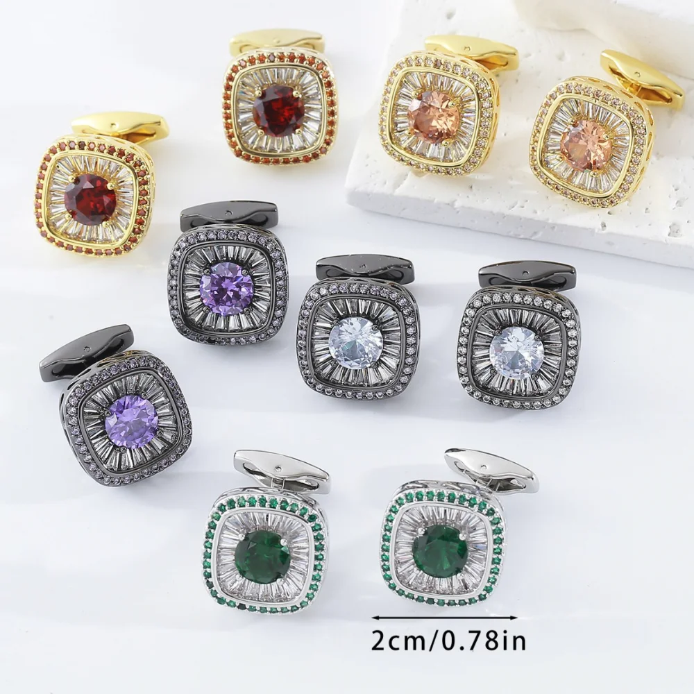 Large Stone Surround Diamond Square Cufflinks, Multi-color Imitation Gemstones Men's Wedding Formal Shirt Luxurious Sleeve Studs