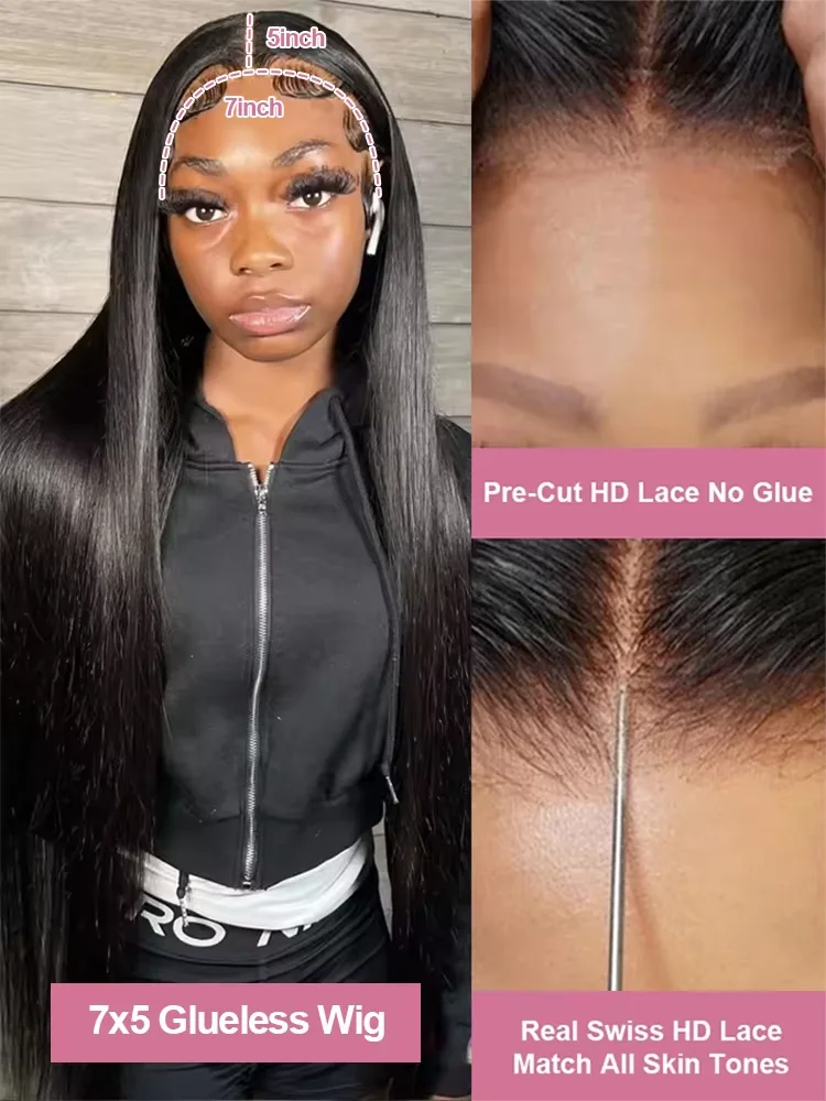 40 46 Inch Bone Straight 7x5 Glueless Wigs Human Hair Ready Wear And Go Pre Cut Lace 100% Human Hair 13x4 No Glue Silky Hair Frontal Wigs For Women 300 High Density Brazilian Preplucked Hairline 3-5 D image 5