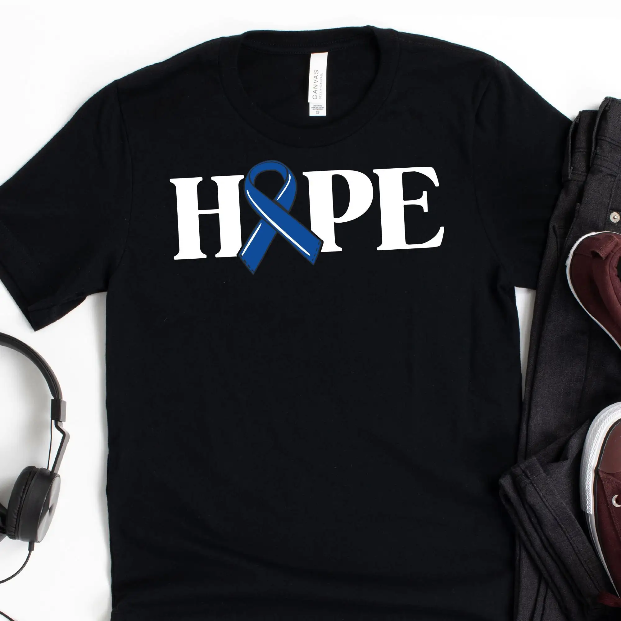 Hope T Shirt Dark Blue Ribbon Colon Cancer SupporT Rectal Fight Check Your