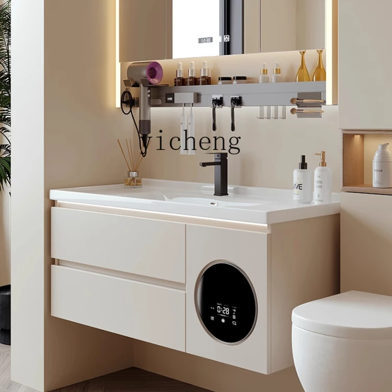 XL washing and drying integrated bathroom cabinet with small washing machine, hand washing and face  ceramic basin