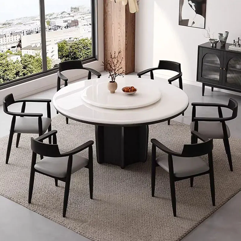 q*-Modern Round Dining Table with Rotating Lazy Susan White Marble Top Solid Wood Base 6-Seater for Home & Hotel Dining Rooms