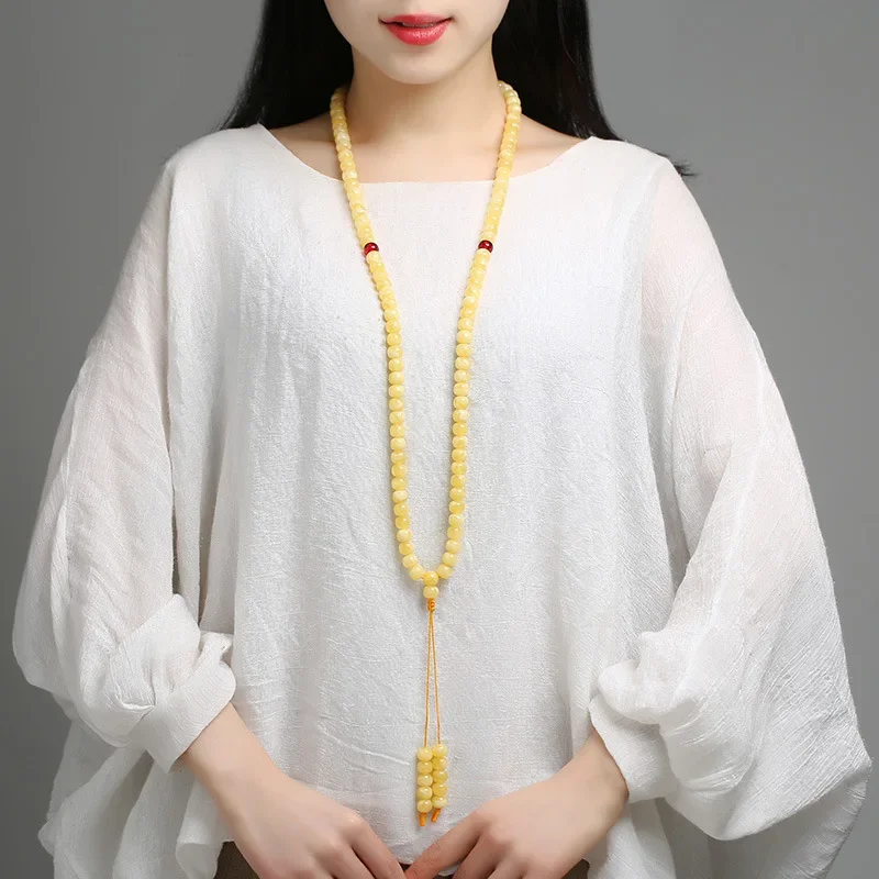 Natural White Amber Bracelet 108 Beads Mala Necklace Sweater Chain Men Women Baltic Amber Multilayer Tassel Charms Bracelets