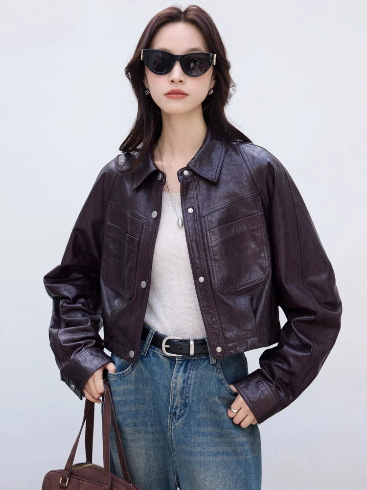 سترات كاجوال قصيرة من الجلد الطبيعي للدراجات النارية للنساء لربيع الخريف معطف من جلد الغنم الحقيقي البسيط والصلب والزيت