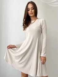 Women's Knitted Noodle Evening Club Ribbed Pattern Dress Women's Fashion Trendy Solid Comfort Long Sleeve Midi A Line Dress