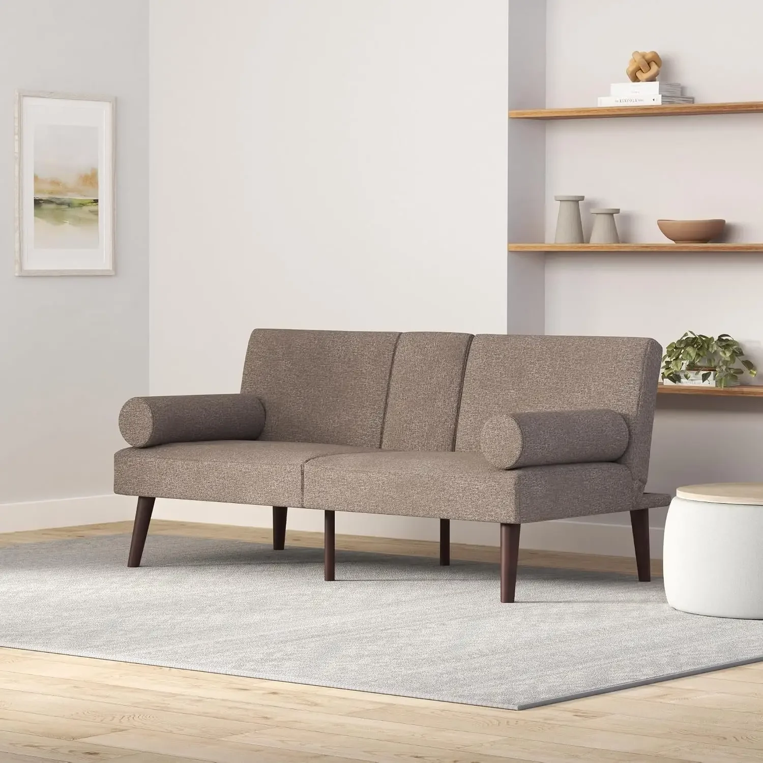 Mid-Century Modern Upholstered Futon, Convertible Folding Sofa Bed, Small Couch w/Rounded Armrests, 2 Cupholders - Gray