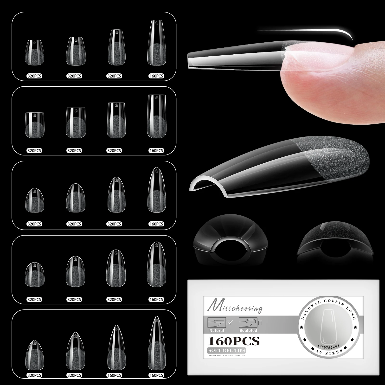 160/320pcs XS-L Almond Soft Gel False Nail Tips Half-Matte Full Cover Press On Nails Capsules Artificial Glossy Fake Nails Exten