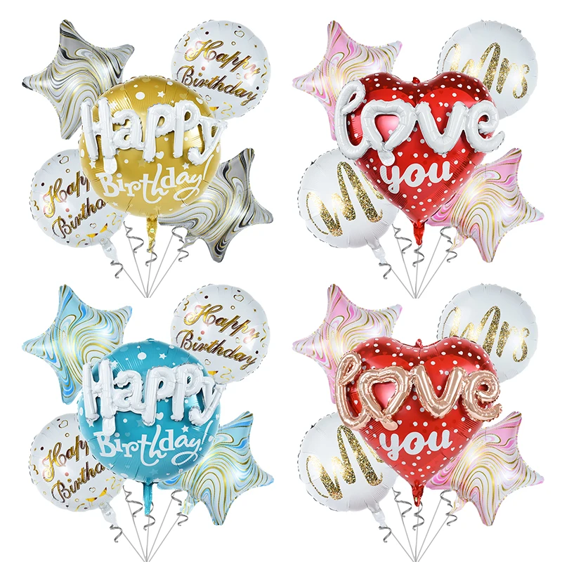 

5pc Happy Birthday Inflatable Helium Balloons Heart Love Foil Balloon Set for Valentine's Day Wedding Birthday Party Decorations