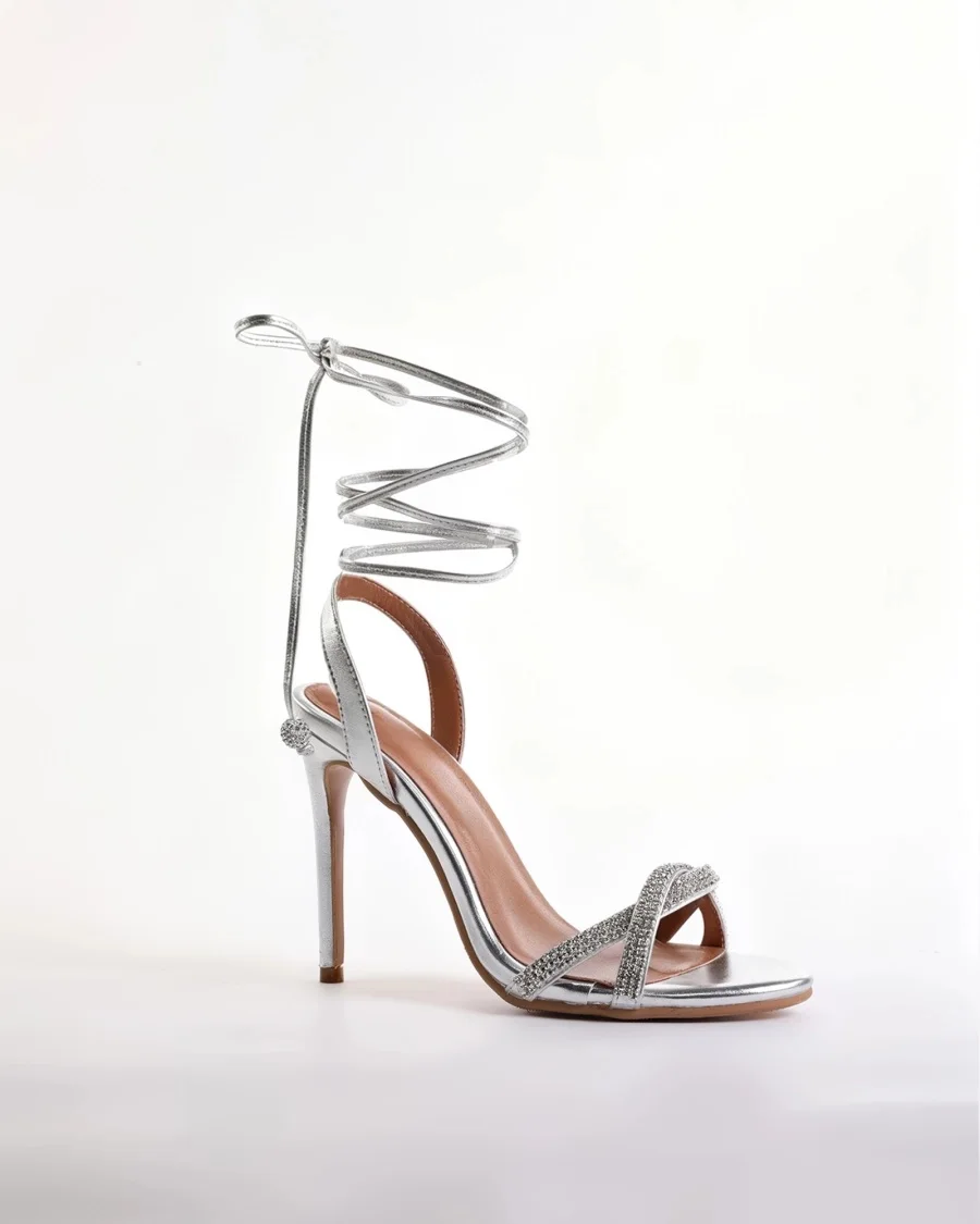 Women Silver Rhinestone Crisscross Lace Up Open Toe Stiletto Heel Sandals, Wrap Around Ankle Tie High Heels Elegant Bridal Heels