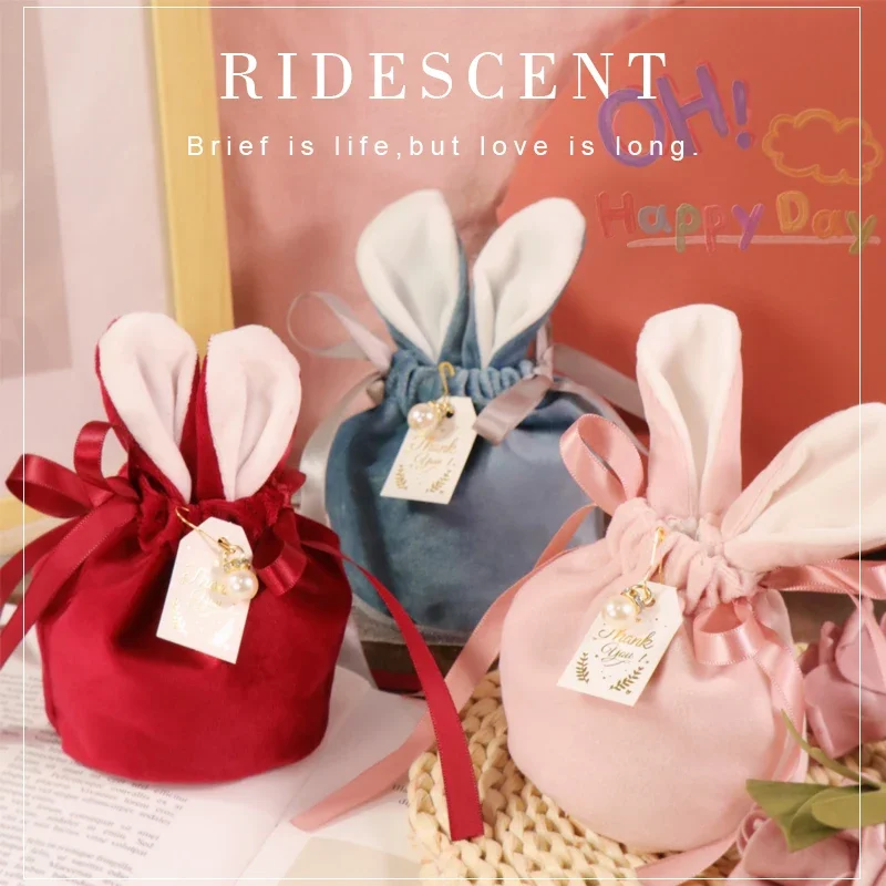 

Rabbit Flannel Gift Bag Cute Bunny Ears Wedding Candy Bag Velvet Valentine's Day Chocolate Candy Box For Birthday Party Supplies
