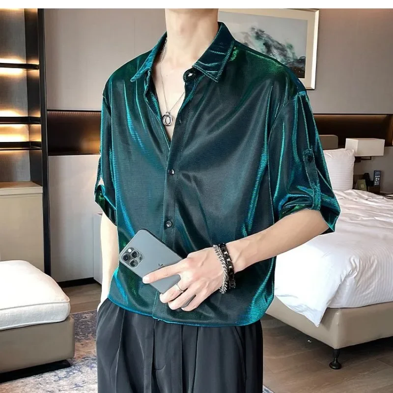 Luxury Trend Summer New Shirts for Men High-end Liquid Metal Reflective Shiny Shirt Streetwear Hip Hop Performance Shirts Tops