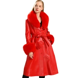 Jaxmonoy Damen Echt leder Lang mantel mit Fuchs pelz echte Schaffell Trenchcoats Damenmode warme Outwear Herbst Winter