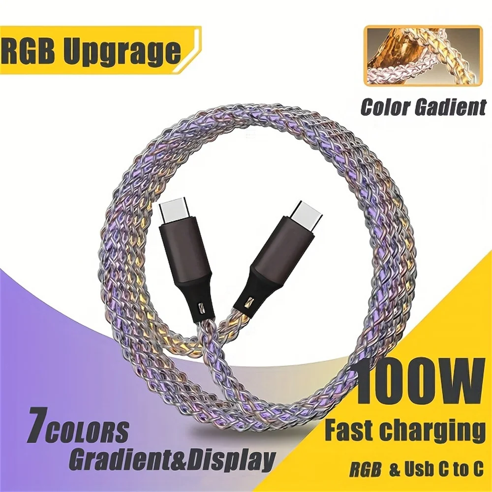 100W TYPE-C TO C Fast Charging Cable,Data Transfer,Multicolor LED RGB Light Gradient Car Interior Atmosphere Light Glow Charger