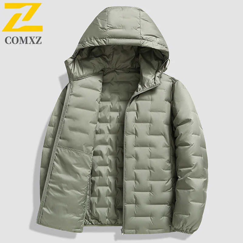 COMXZ Mens Short Down Jacket Ultra Light Outdoor Work Cold Resistant Puffer Jackets Hooded Business Casual Warm Winter Coat