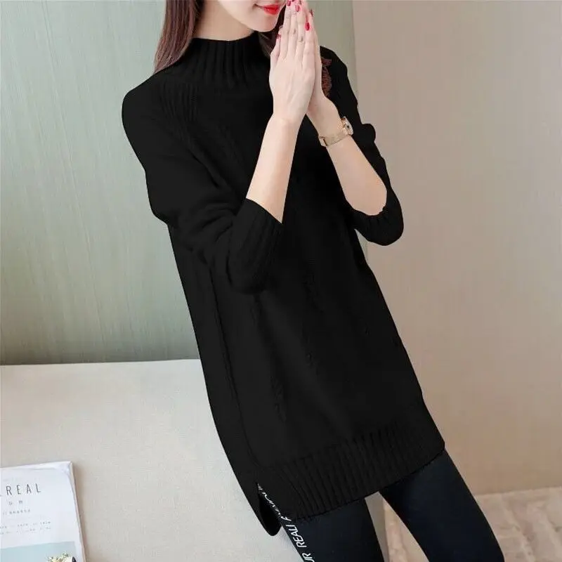 

Korean Bottoming Shirt Women's Spring Autumn Half High Collar Knit Sweater Dress Long-Sleeved Tops Pullover Loose Clothes
