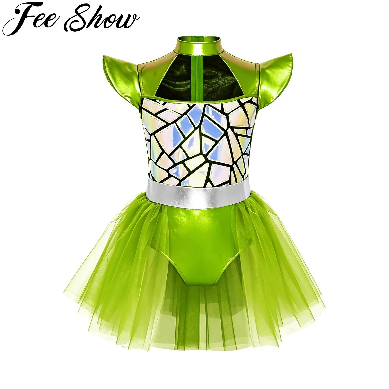 Kids Girls Metallic Alien Cosplay Dress Cap Sleeve Cutout Glittery Tulle Ballet Dress Halloween Space Outer Theme Party Costume