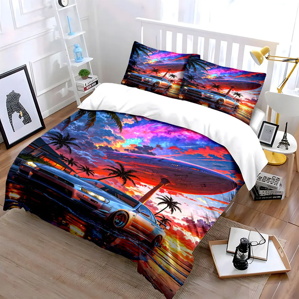 Sports car and airship under vibrant sunset Print Bedding Set 1 Duvet Cover 2 Pillowcases for Adult and Children Luxury Gift