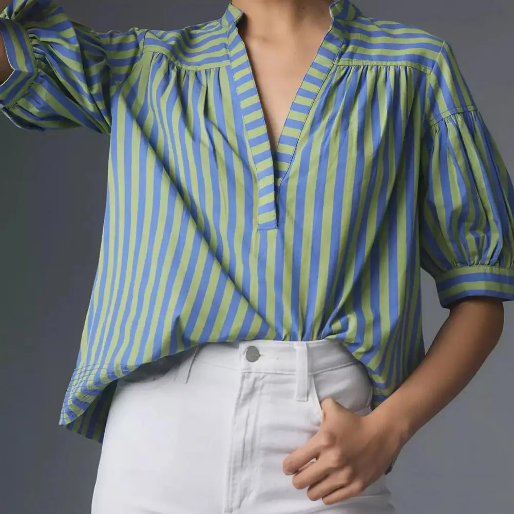 

Women Puff Sleeve Top Striped Print V-neck Shirt for Women with Puff Half Sleeve Loose Fit Work Tops Wear Blouses Summer Shirt