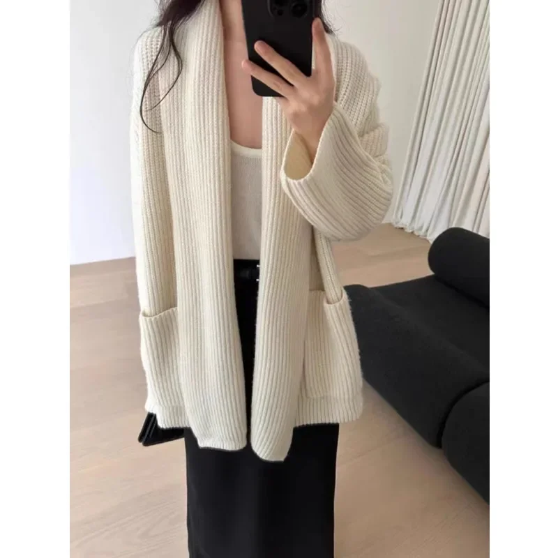 Shpmishal Korean Fashion Mid To Long Length Sweater Jacket for Women's Autumn New Style Loose Knit Cardigan Top Female Clothing