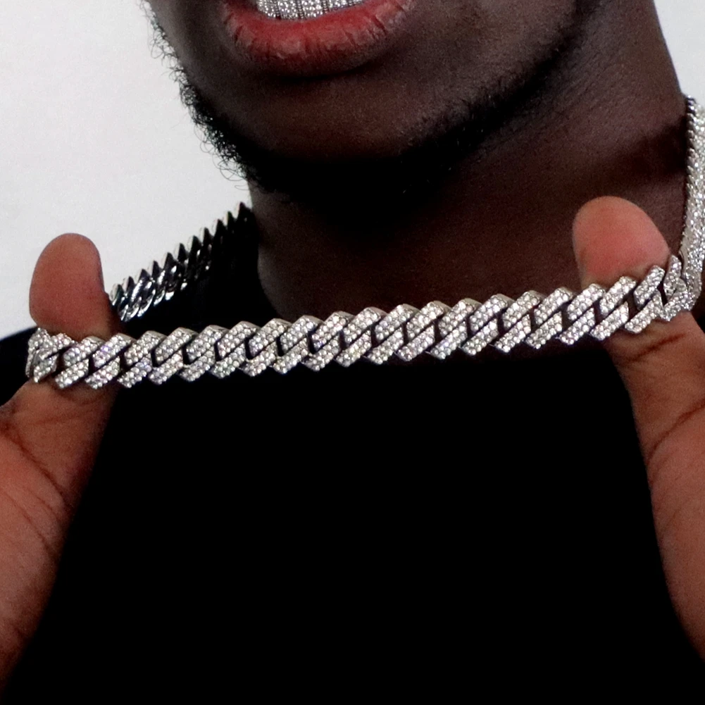 Hip Hop 14MM Prong Cuban Link Chain Necklace Men Women Iced Out Rhinestone Paved Rhombus Cuban Chain Necklaces Bracelet Jewelry