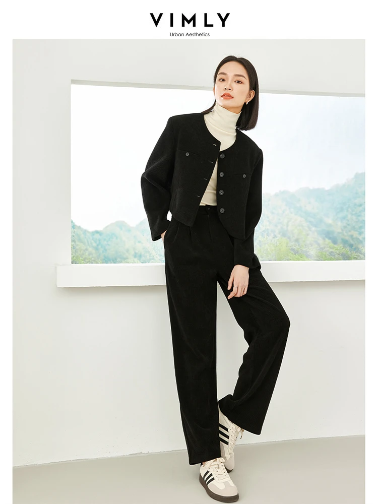 Vimly Black Corduroy Pant Sets 2 Piece Matching Sets Women Spring Cropped Quilted Jacket High Elastic Waisted Wide Trouser M5652